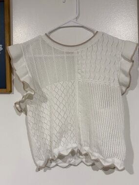 White Knit Flutter Sleeve Tank Top with Contrast Trim